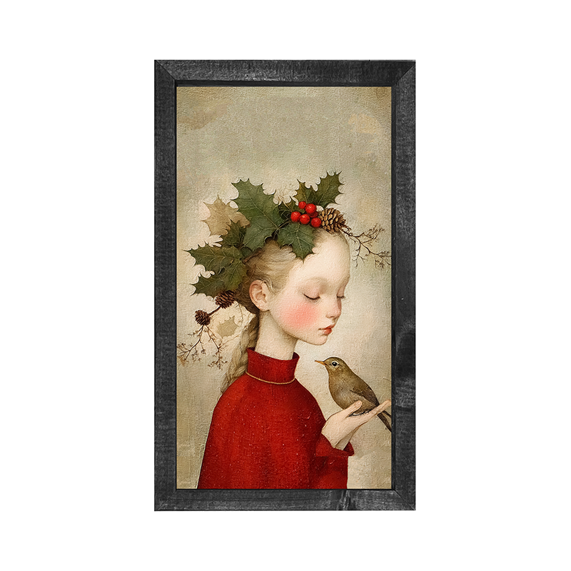 Girl with Holly and Bird - Vertical Frame