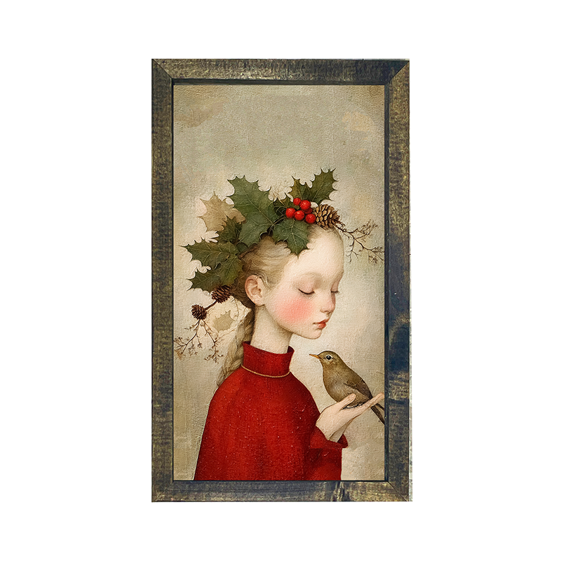 Girl with Holly and Bird - Vertical Frame