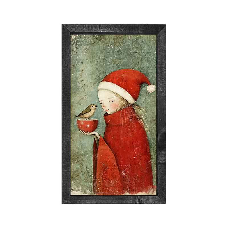 Rustic Christmas girl and bird - Vertical Frame