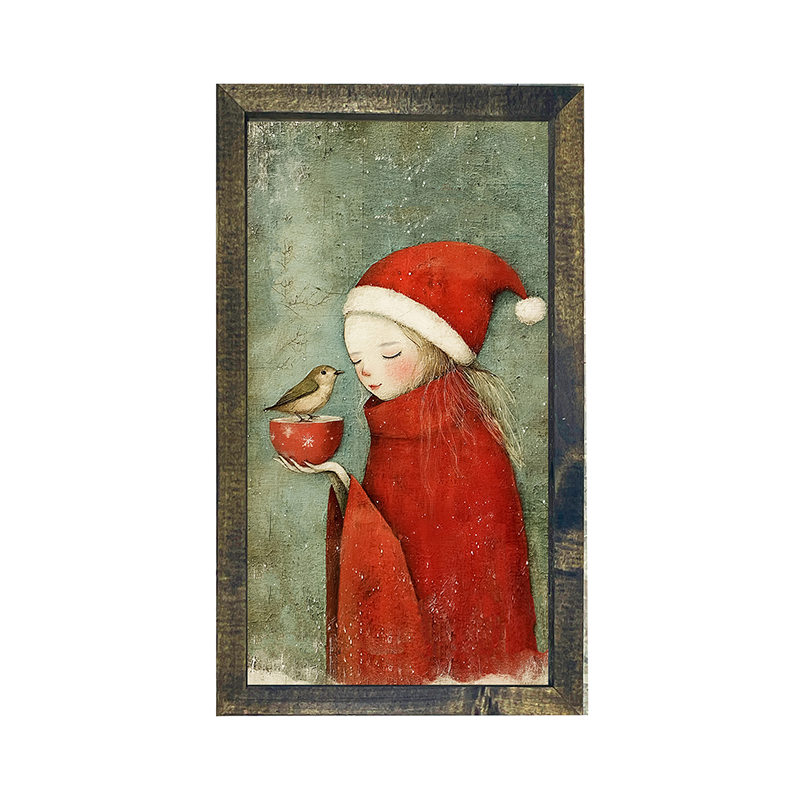 Rustic Christmas girl and bird - Vertical Frame