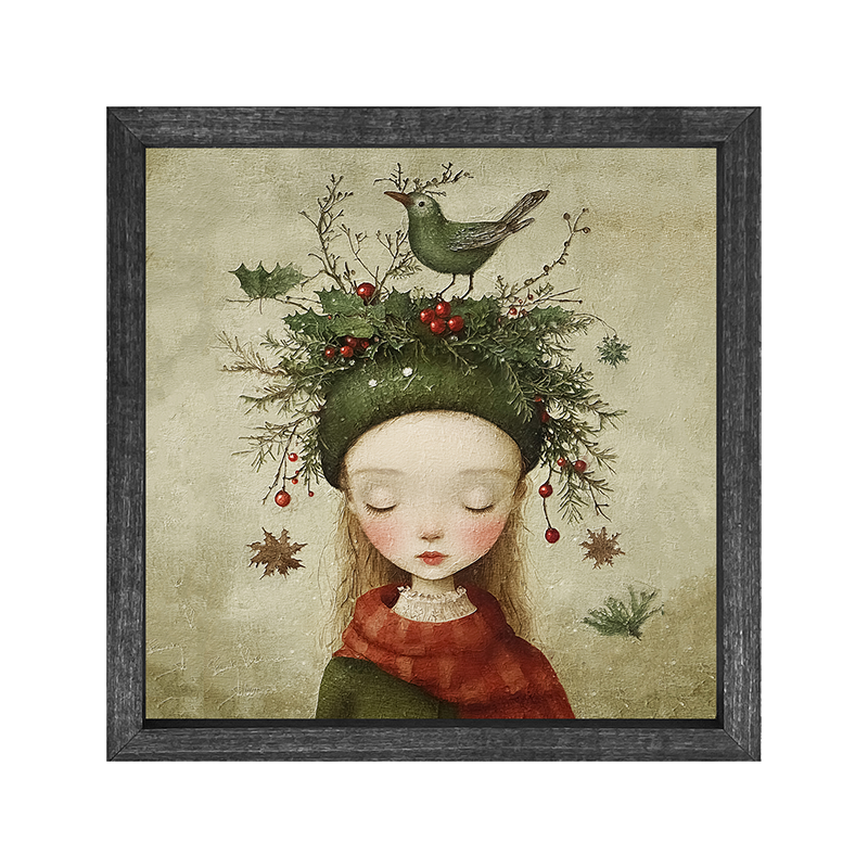 Green Christmas Girl with Bird