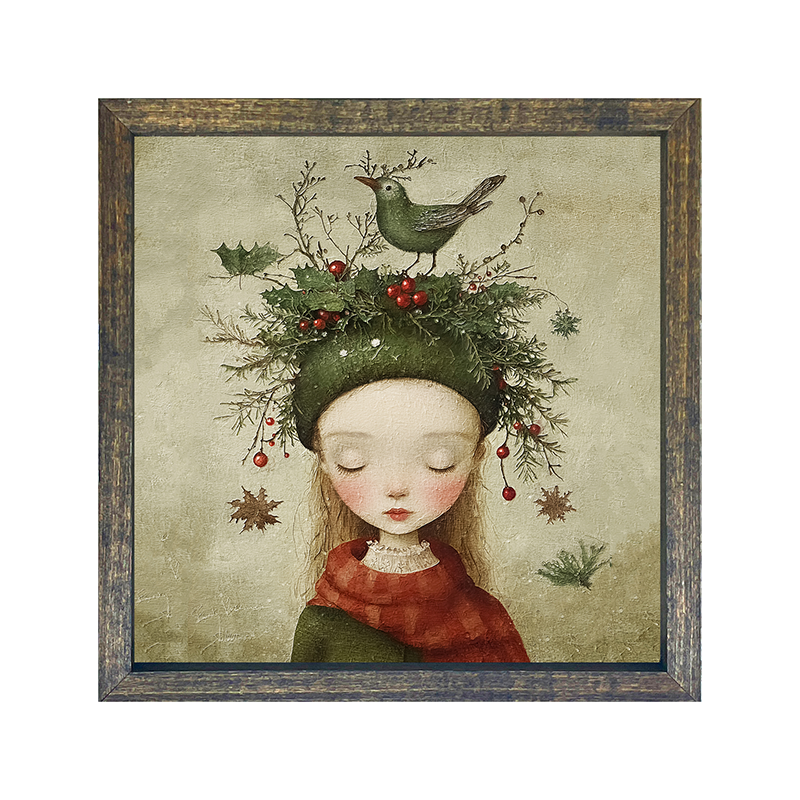 Green Christmas Girl with Bird