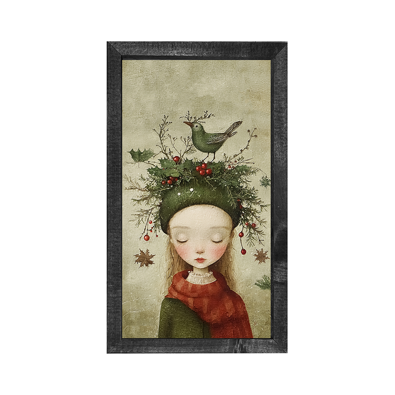Green Christmas Girl with Bird - Vertical Frame