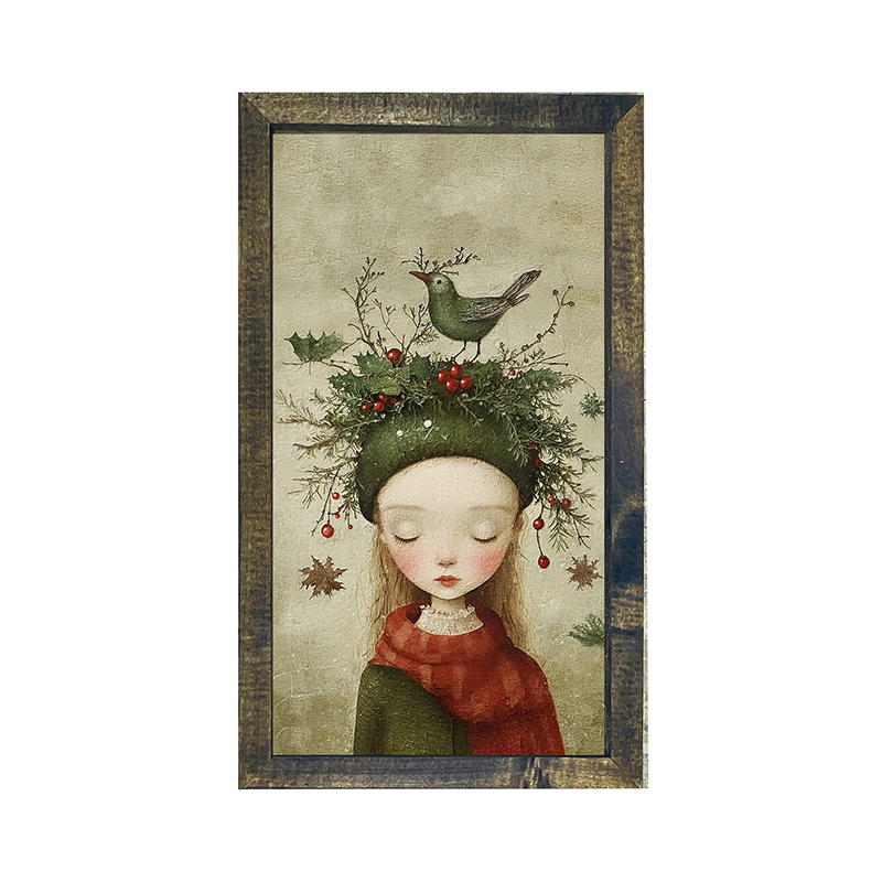 Green Christmas Girl with Bird - Vertical Frame