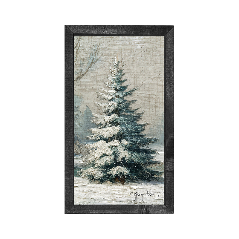Snowy Pine near Pond - Vertical Frame
