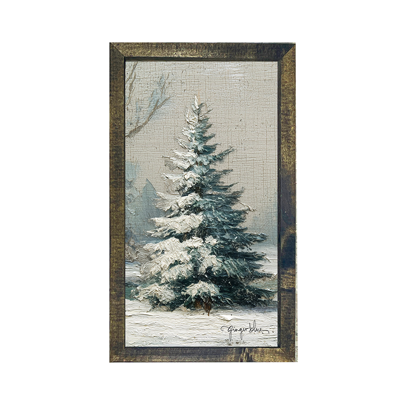 Snowy Pine near Pond - Vertical Frame