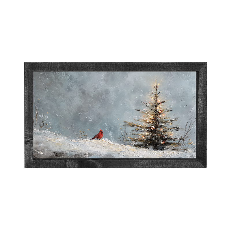 Cardinal Near a Decorated Christmas Tree - Horizontal Frame