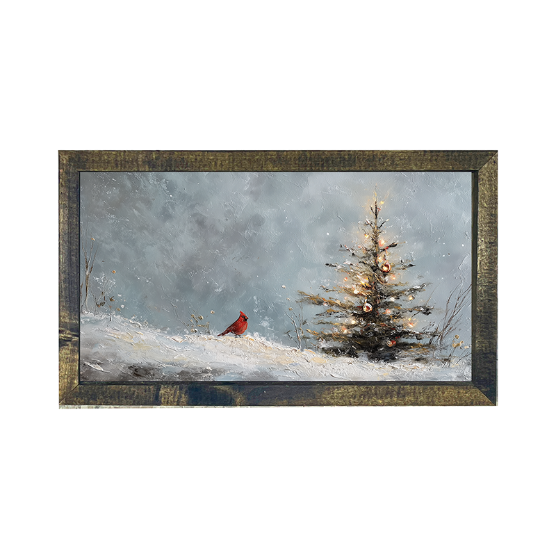 Cardinal Near a Decorated Christmas Tree - Horizontal Frame
