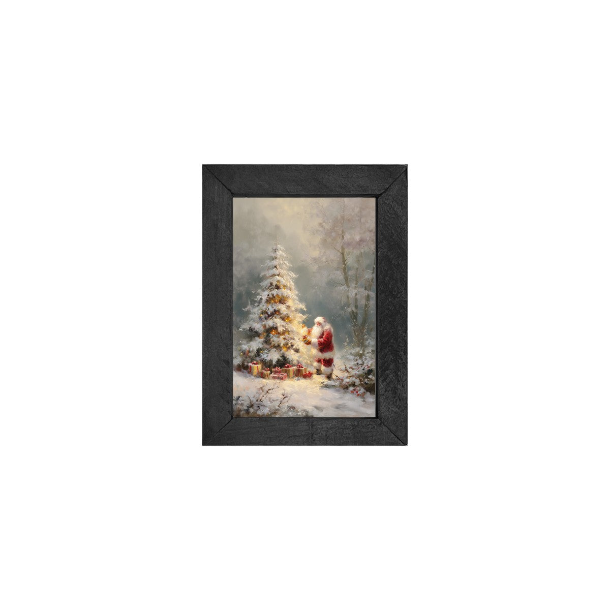 Santa Placing Presents under Tree in the Woods - Vertical Gallery Frame