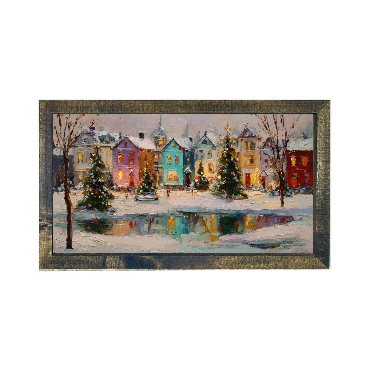 Snowy Village - The Pond at the Park - Horizontal Frame