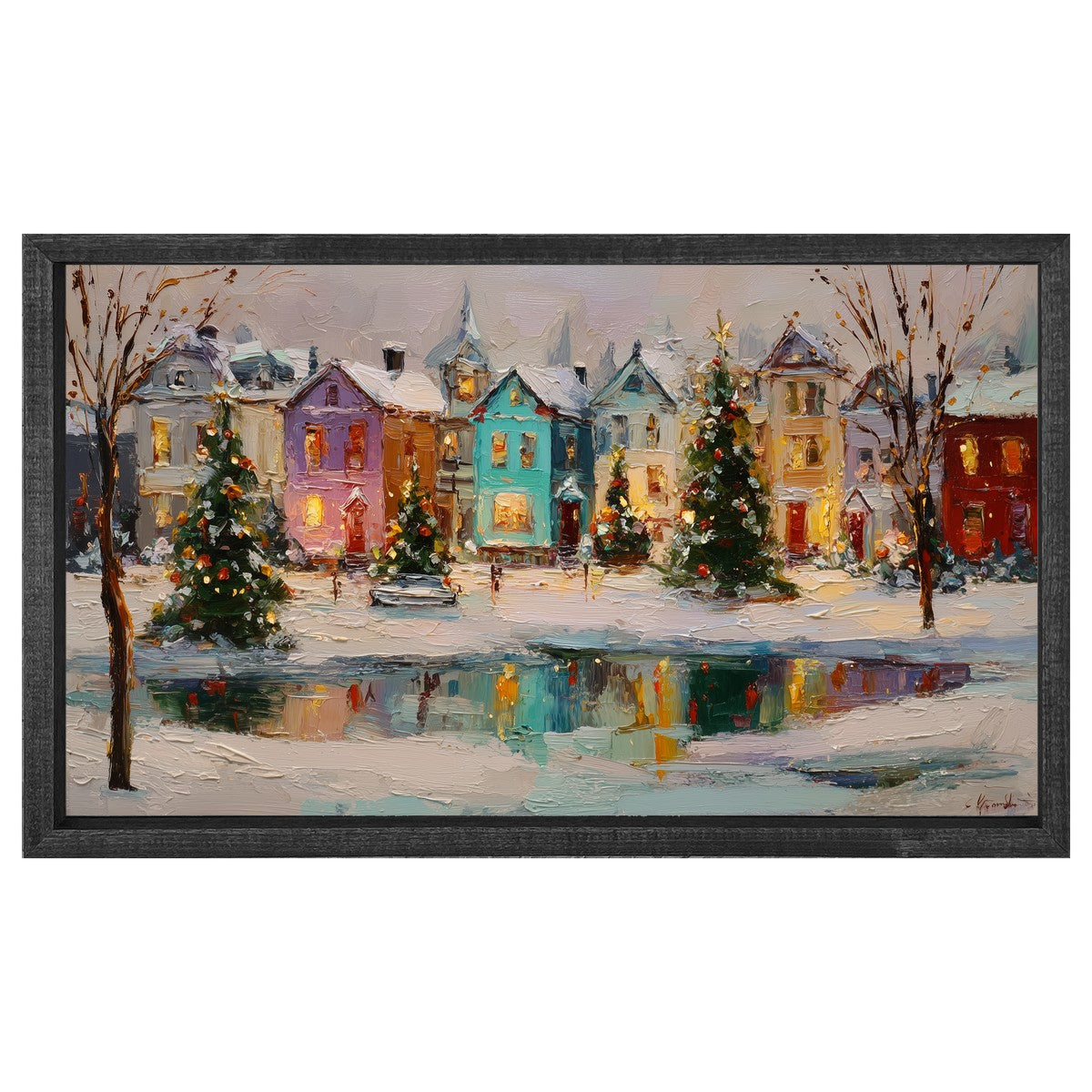 Snowy Village - The Pond at the Park - Horizontal Frame