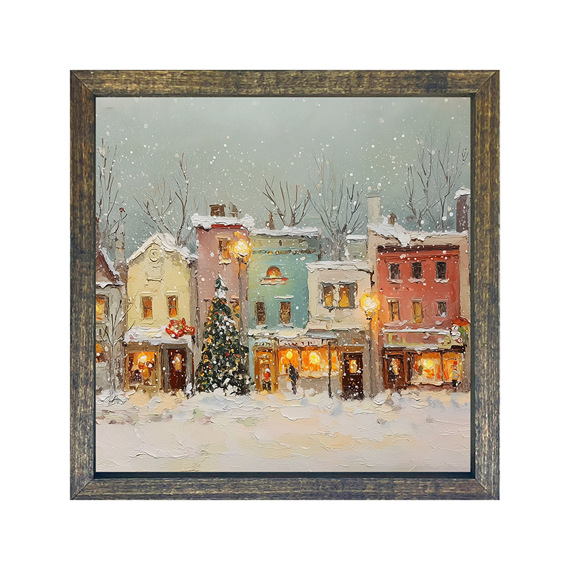 Snowy Village - Street Lights - Square Frame