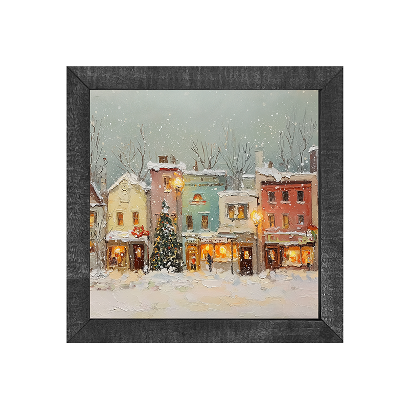 Snowy Village - Street Lights - Square Frame