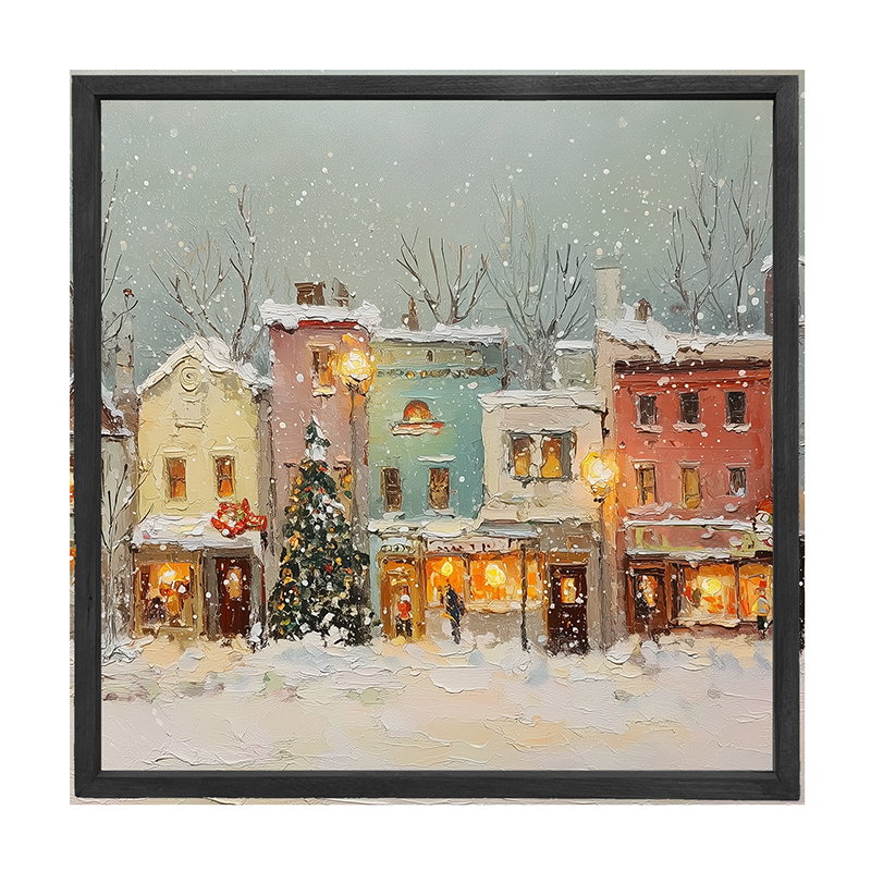 Snowy Village - Street Lights - Square Frame