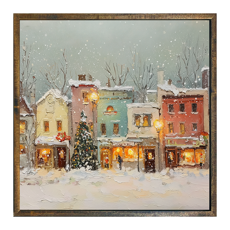 Snowy Village - Street Lights - Square Frame