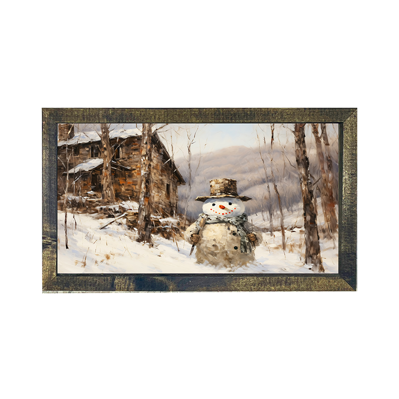 Snowman near barn