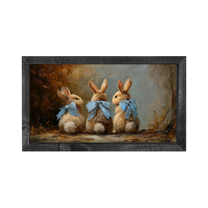 Bunnies with Blue Bows in Autumn - Horizontal Frame