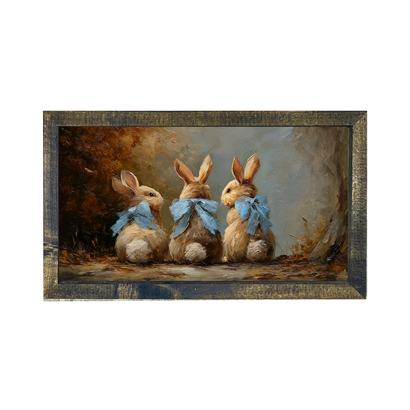Bunnies with Blue Bows in Autumn - Horizontal Frame