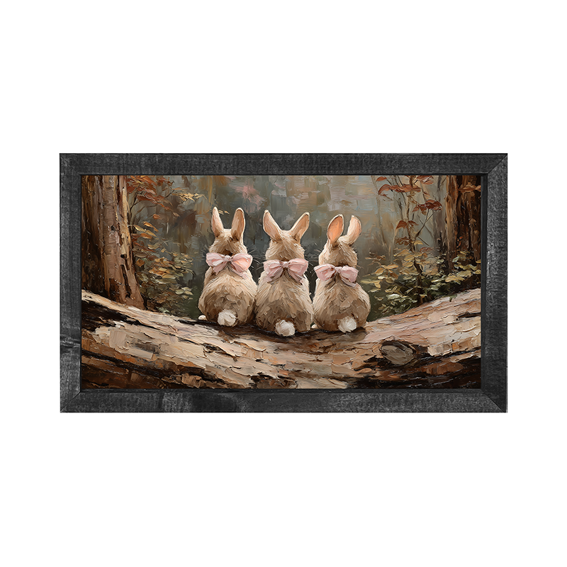 Bunnies with Pink Bows in Forest - Horizontal Frame