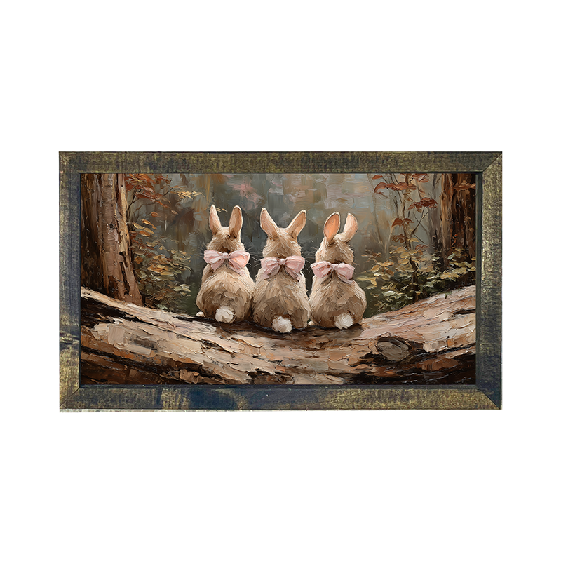 Bunnies with Pink Bows in Forest - Horizontal Frame