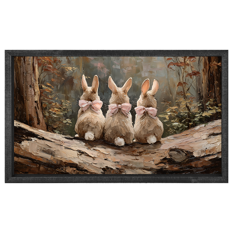 Bunnies with Pink Bows in Forest - Horizontal Frame