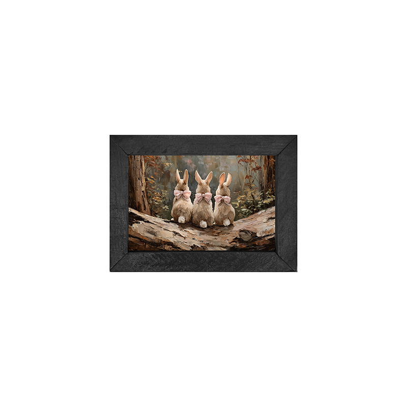 Bunnies with Pink Bows in Forest - Horizontal Frame