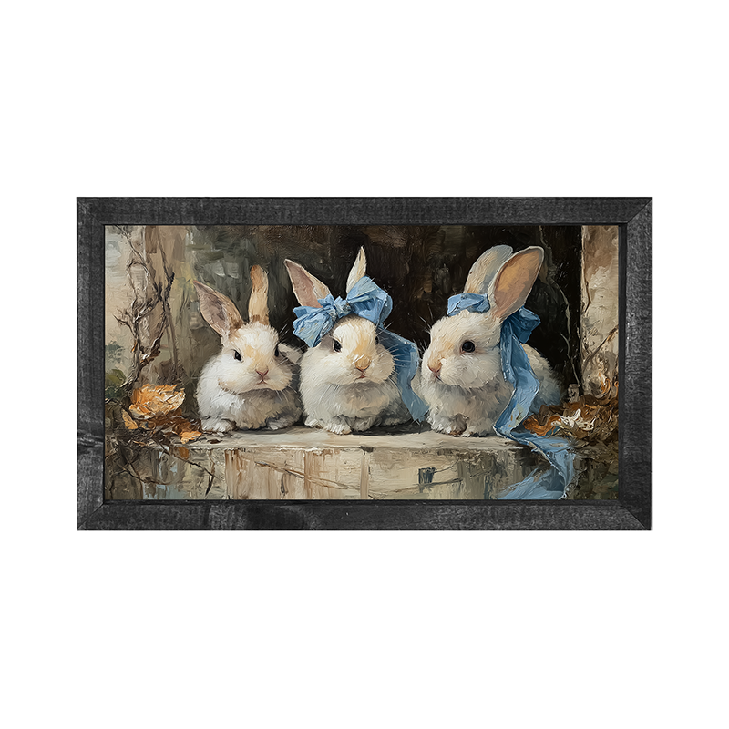 Bunnies with Blue Bows in Doorway - Horizontal Frame