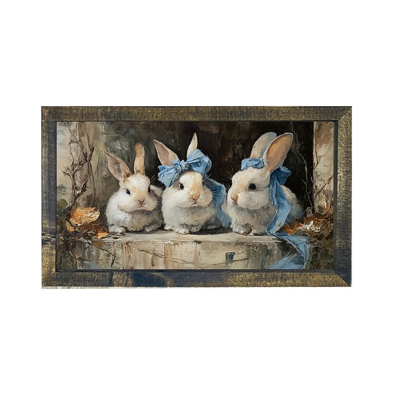 Bunnies with Blue Bows in Doorway - Horizontal Frame