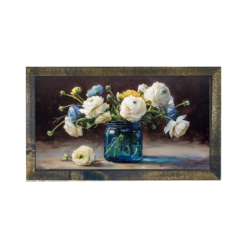 Mason Jar with Blue and White Flowers - Horizontal Frame