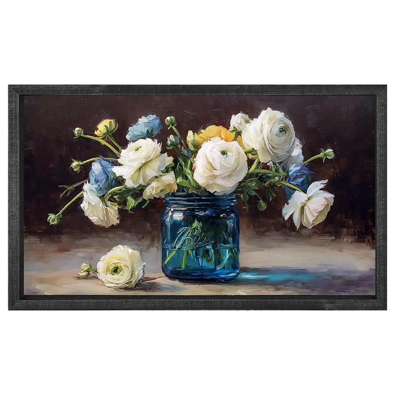 Mason Jar with Blue and White Flowers - Horizontal Frame