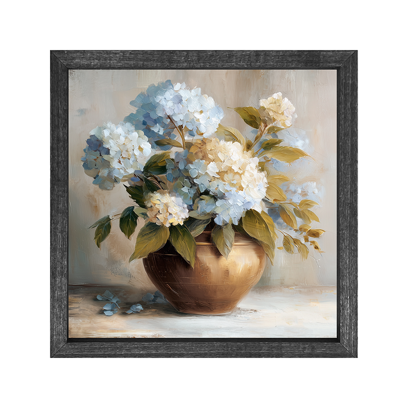 Copper Vase with Blue and White Hydrangeas