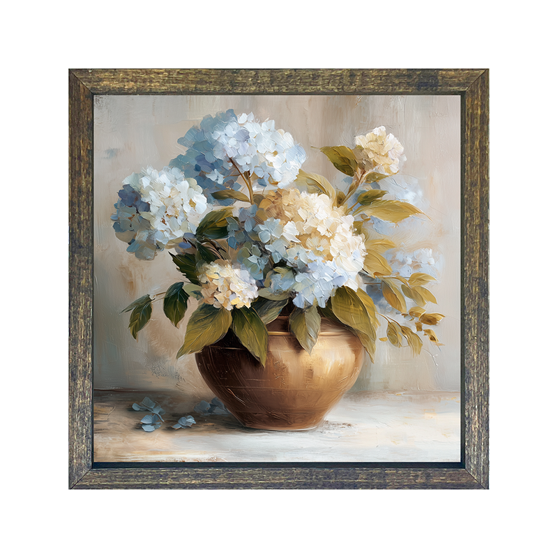 Copper Vase with Blue and White Hydrangeas