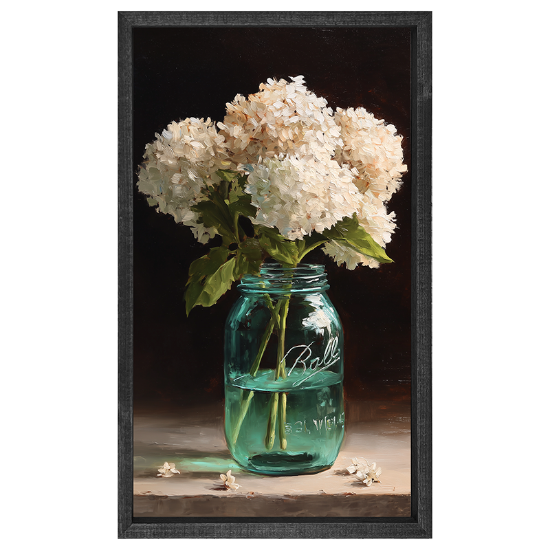 Mason Jar with White Hydrangeas - Vertical Frame
