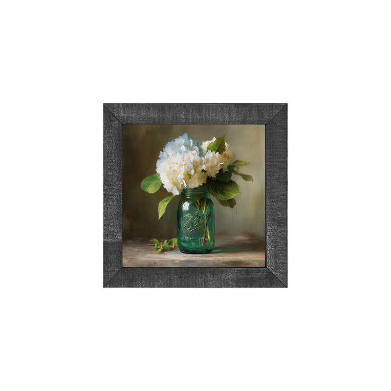 Mason Jar with Blue and White Hydrangeas