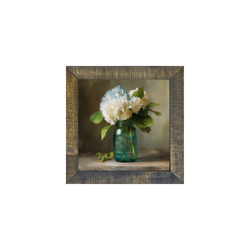 Mason Jar with Blue and White Hydrangeas