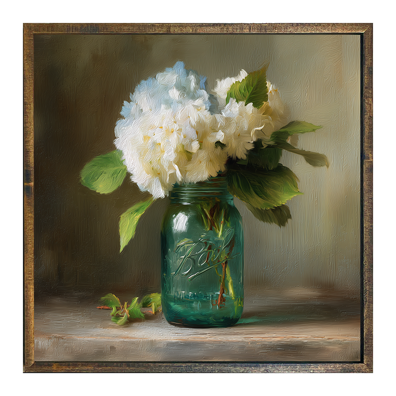 Mason Jar with Blue and White Hydrangeas