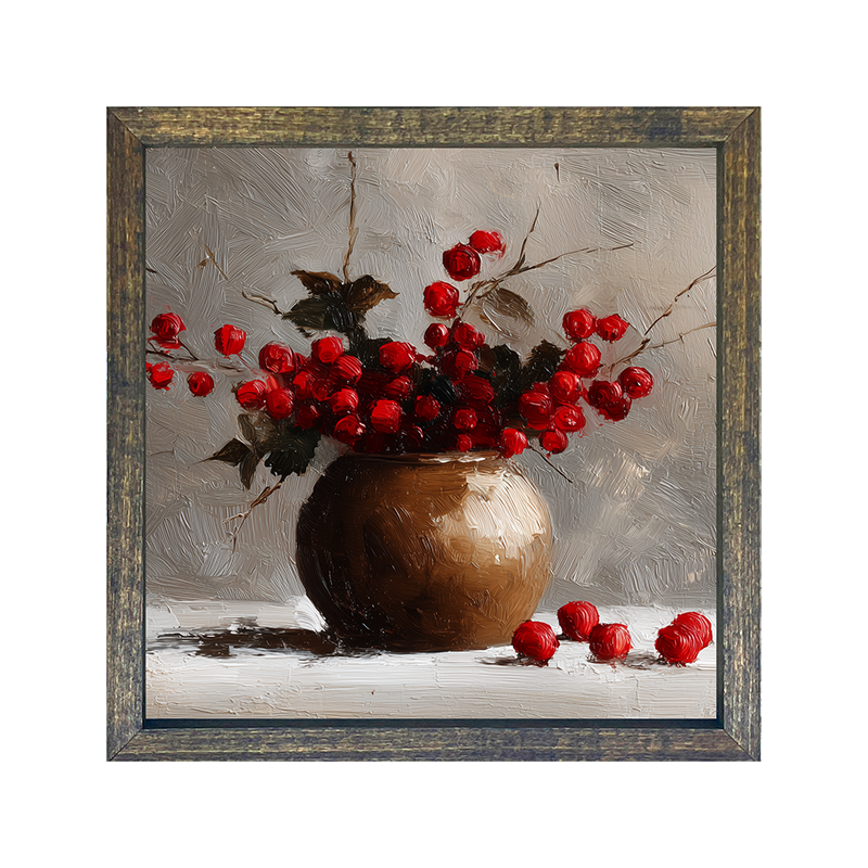 Floral Still Life - Red Floral Branches in Copper Pot - Square Frame