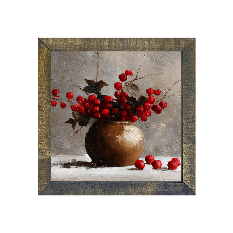 Floral Still Life - Red Floral Branches in Copper Pot - Square Frame