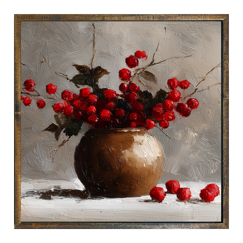 Floral Still Life - Red Floral Branches in Copper Pot - Square Frame