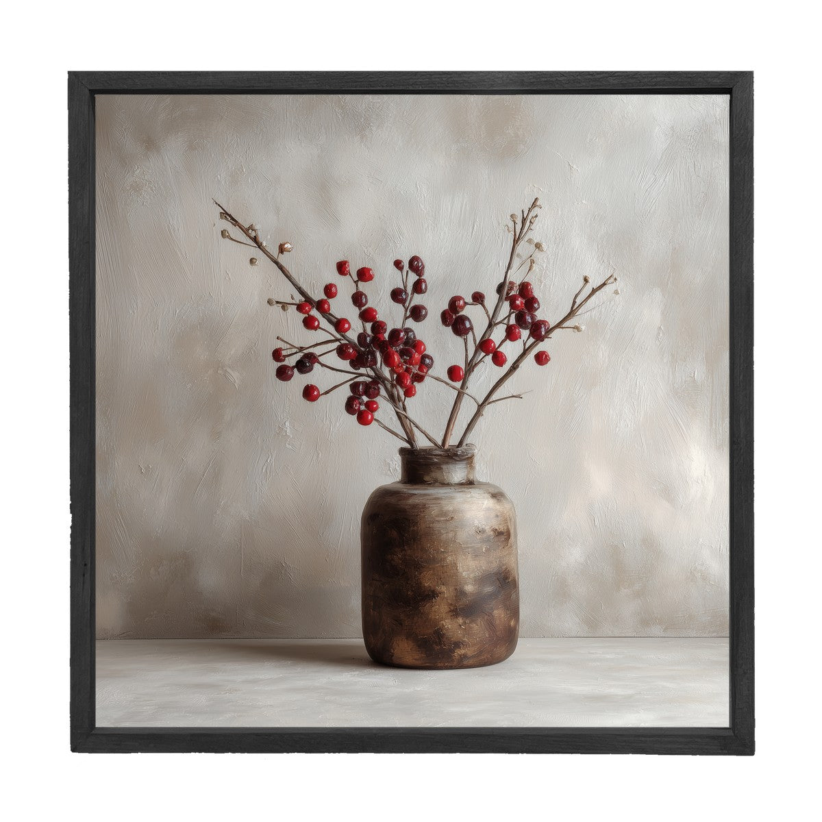 Floral Still Life - Burgundy Berry Sprays in Short Vase - Square Frame