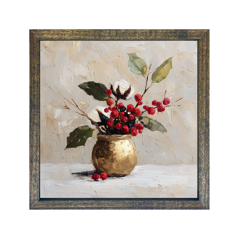 Floral Still Life - White and Red Flowers with Leaves in Golden Pot - Square Frame