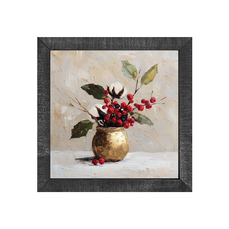 Floral Still Life - White and Red Flowers with Leaves in Golden Pot - Square Frame