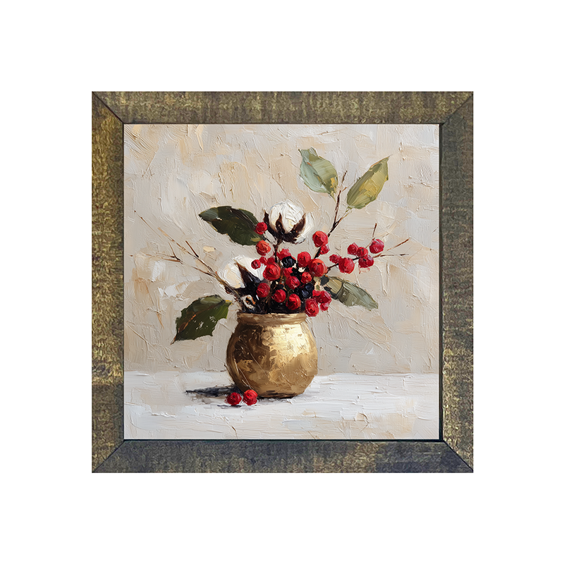 Floral Still Life - White and Red Flowers with Leaves in Golden Pot - Square Frame