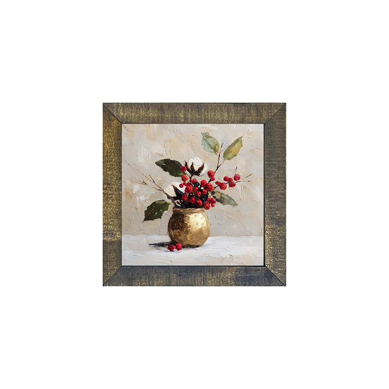 Floral Still Life - White and Red Flowers with Leaves in Golden Pot - Square Frame