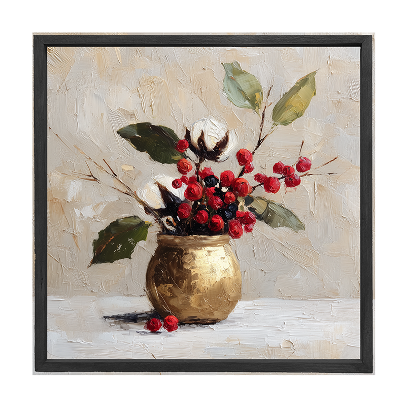 Floral Still Life - White and Red Flowers with Leaves in Golden Pot - Square Frame