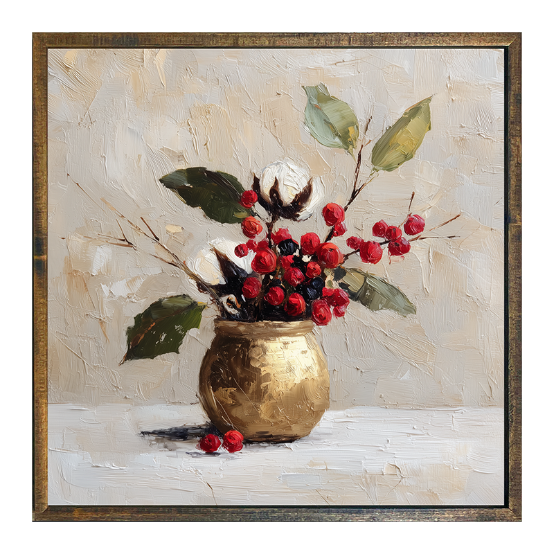 Floral Still Life - White and Red Flowers with Leaves in Golden Pot - Square Frame