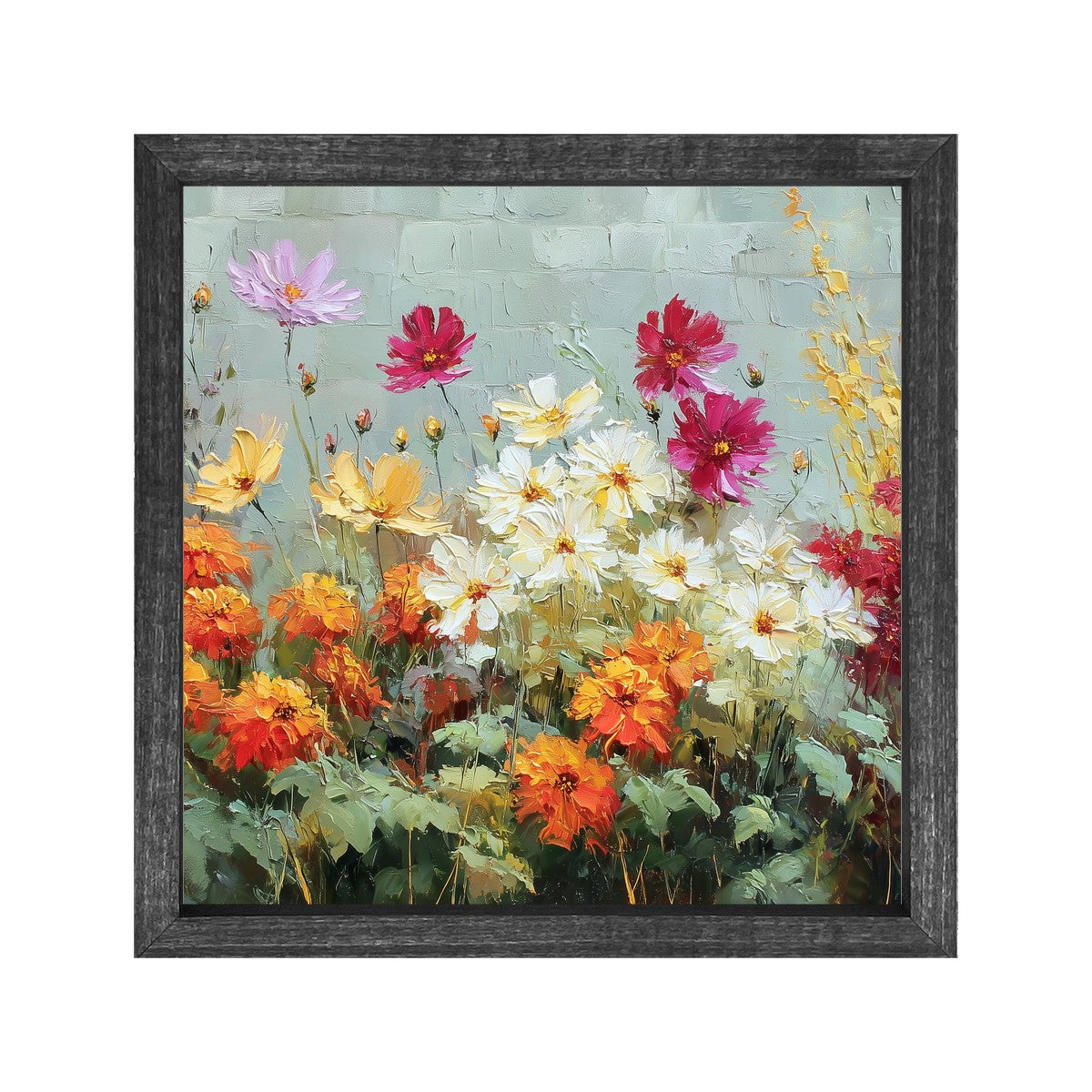 Garden Wall - Orange and White Flowers - Square Frame