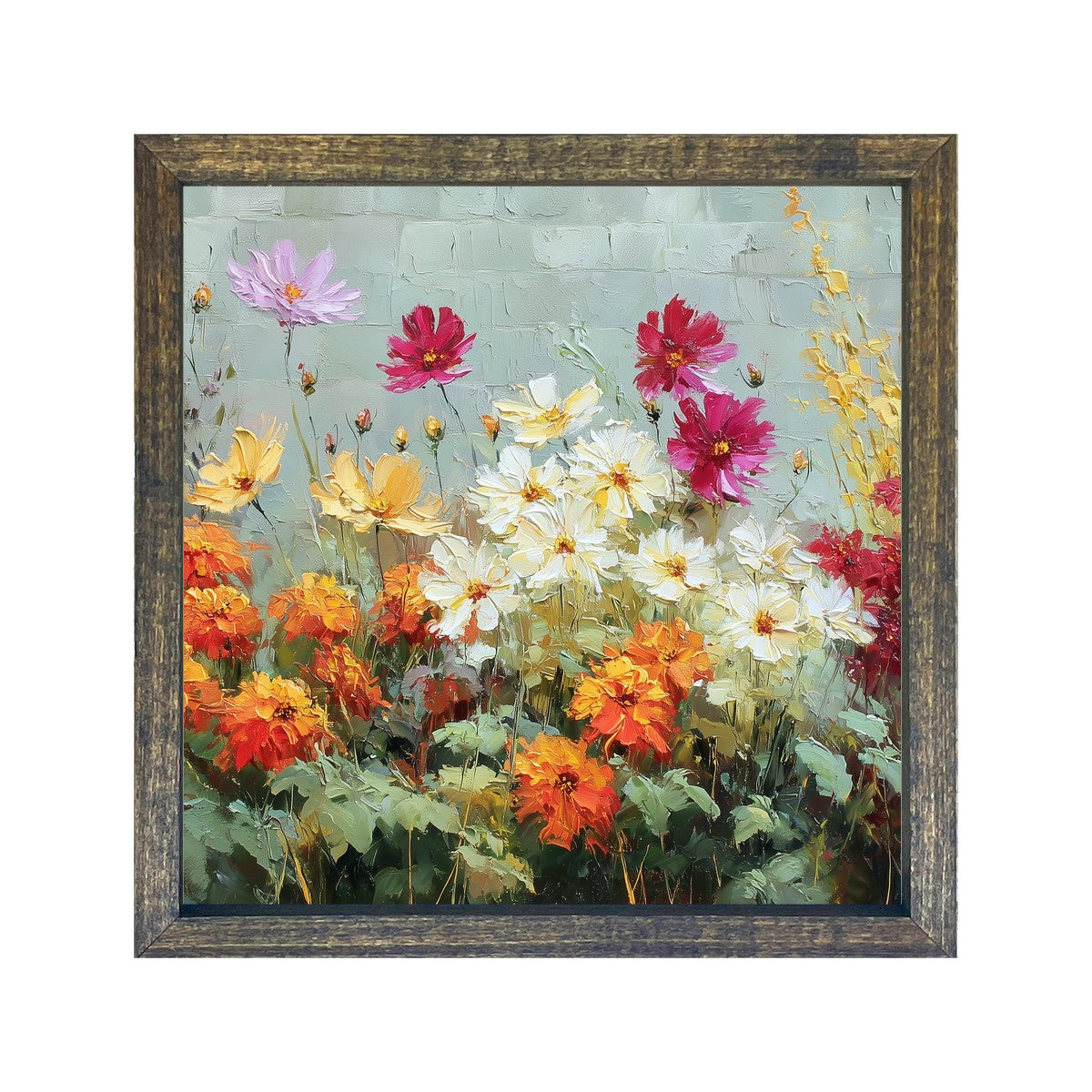 Garden Wall - Orange and White Flowers - Square Frame