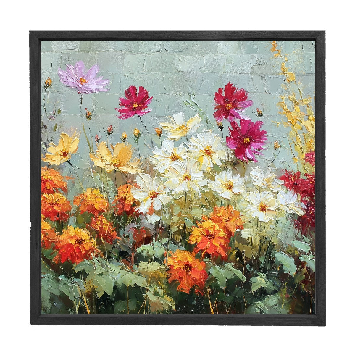 Garden Wall - Orange and White Flowers - Square Frame