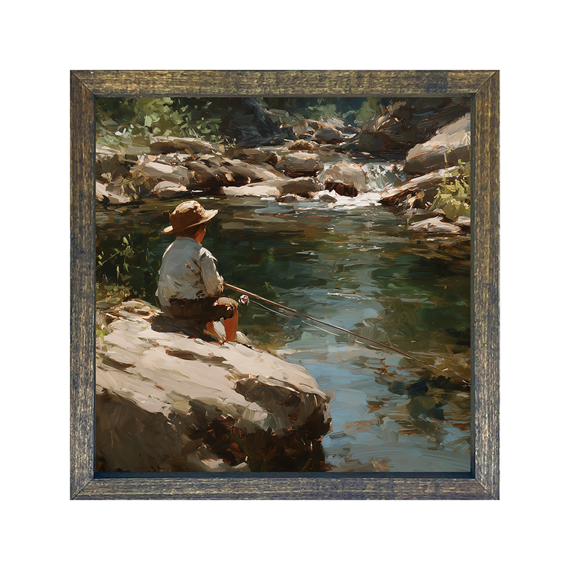 Fishing - Boy on River Rock